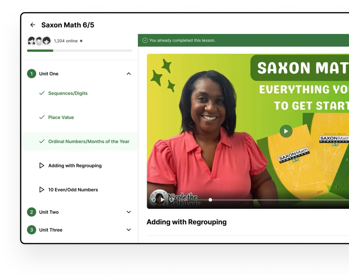 Student portal showing completed lessons and course progress
