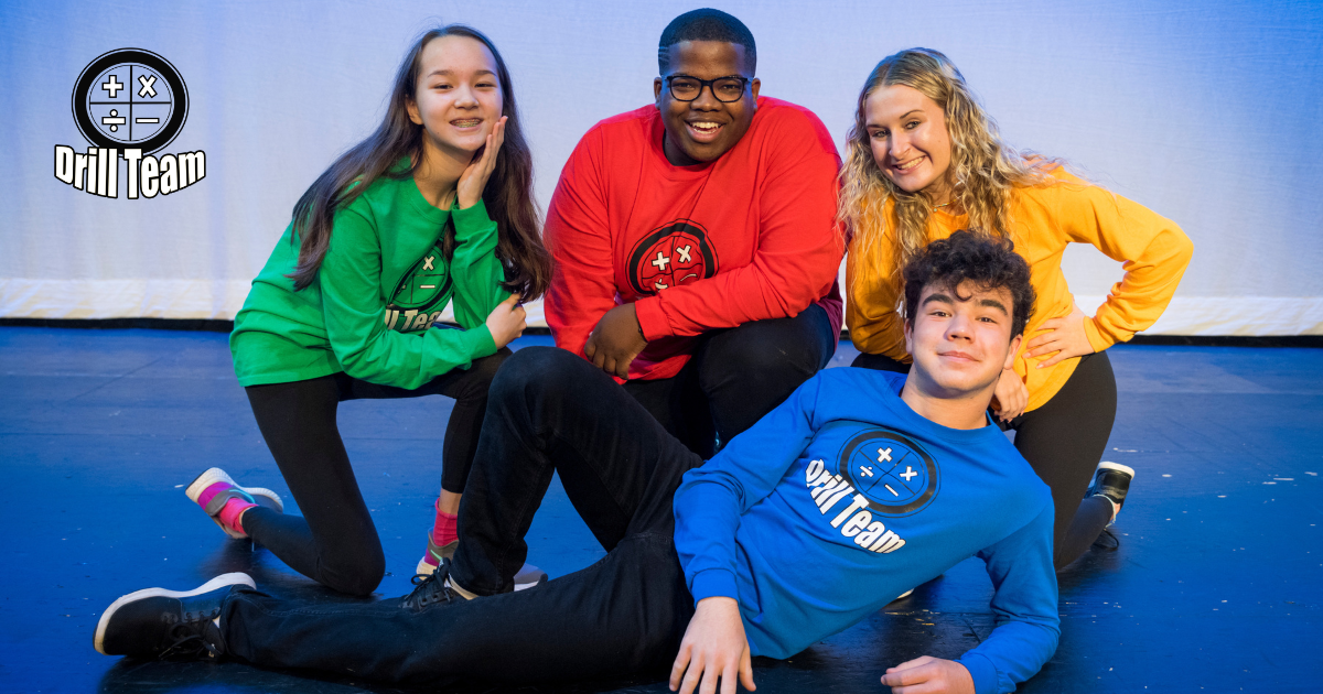 four drill team members helping kids memorize their math facts