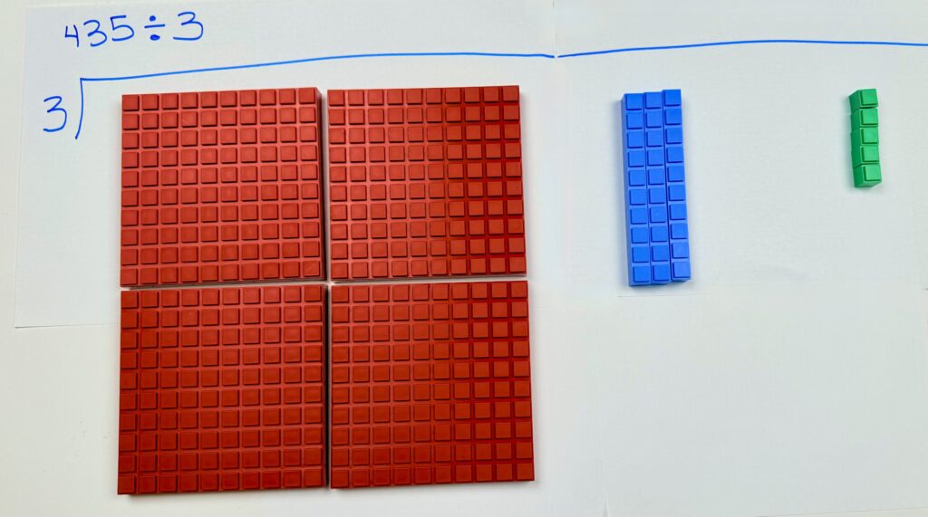 Long division with Math-U-See blocks: 435 divided by 3