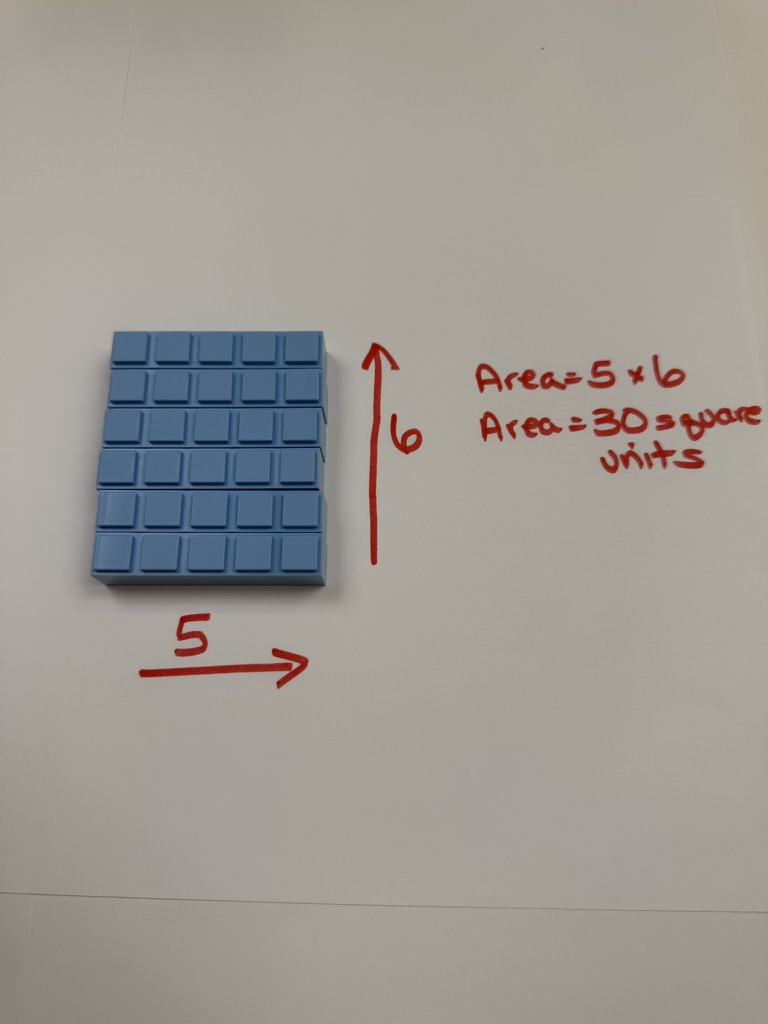 Math-U-See blocks forming a 5 by 6 rectangle with an area of 30 square units